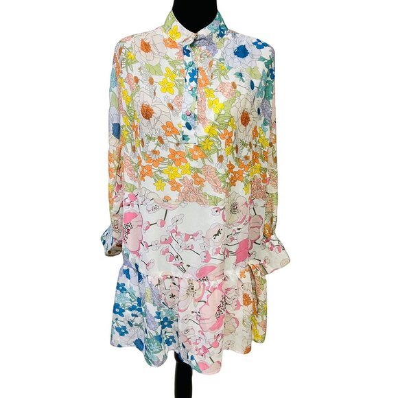 TDDPSSHDP A-Line Mini Dress Multi Floral Sheer Oversized Pullover Tunic Preppy - Picture 5 of 11